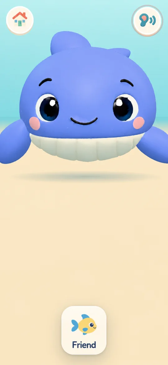 Miru, the blue whale, smiling at the child in the StarGarden prototype, with a fish-shaped button labeled Friend.